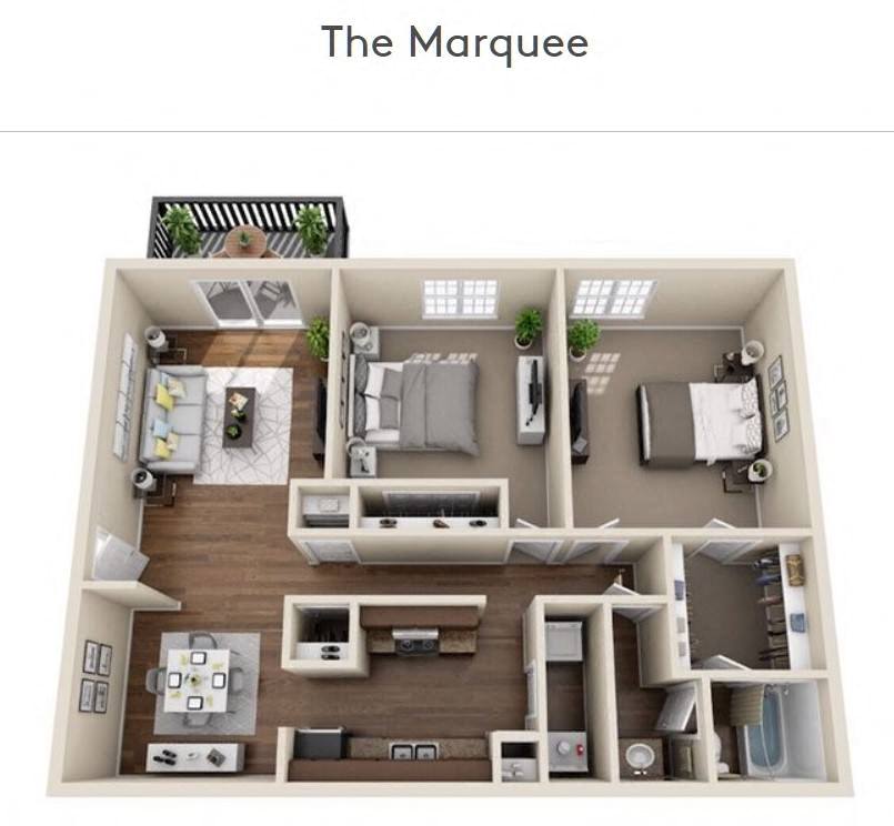 Floor plan for 2 beds, 1 bath, 936 sqft